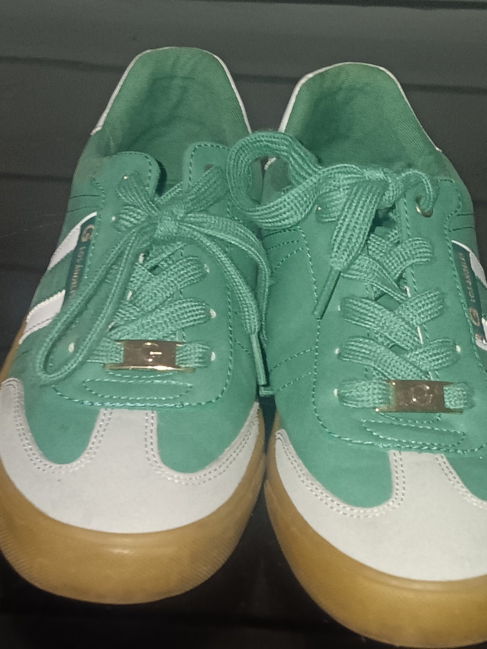 G by Guess Green and White Low-Top Sneakers with Gum Sole
